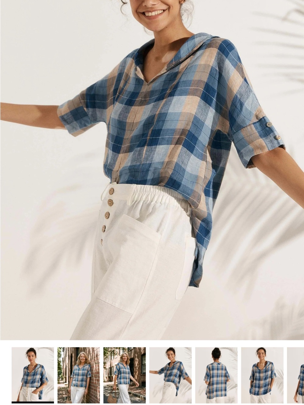 Blue and Cream Plaid Button-Down Top - Picture 5 of 7
